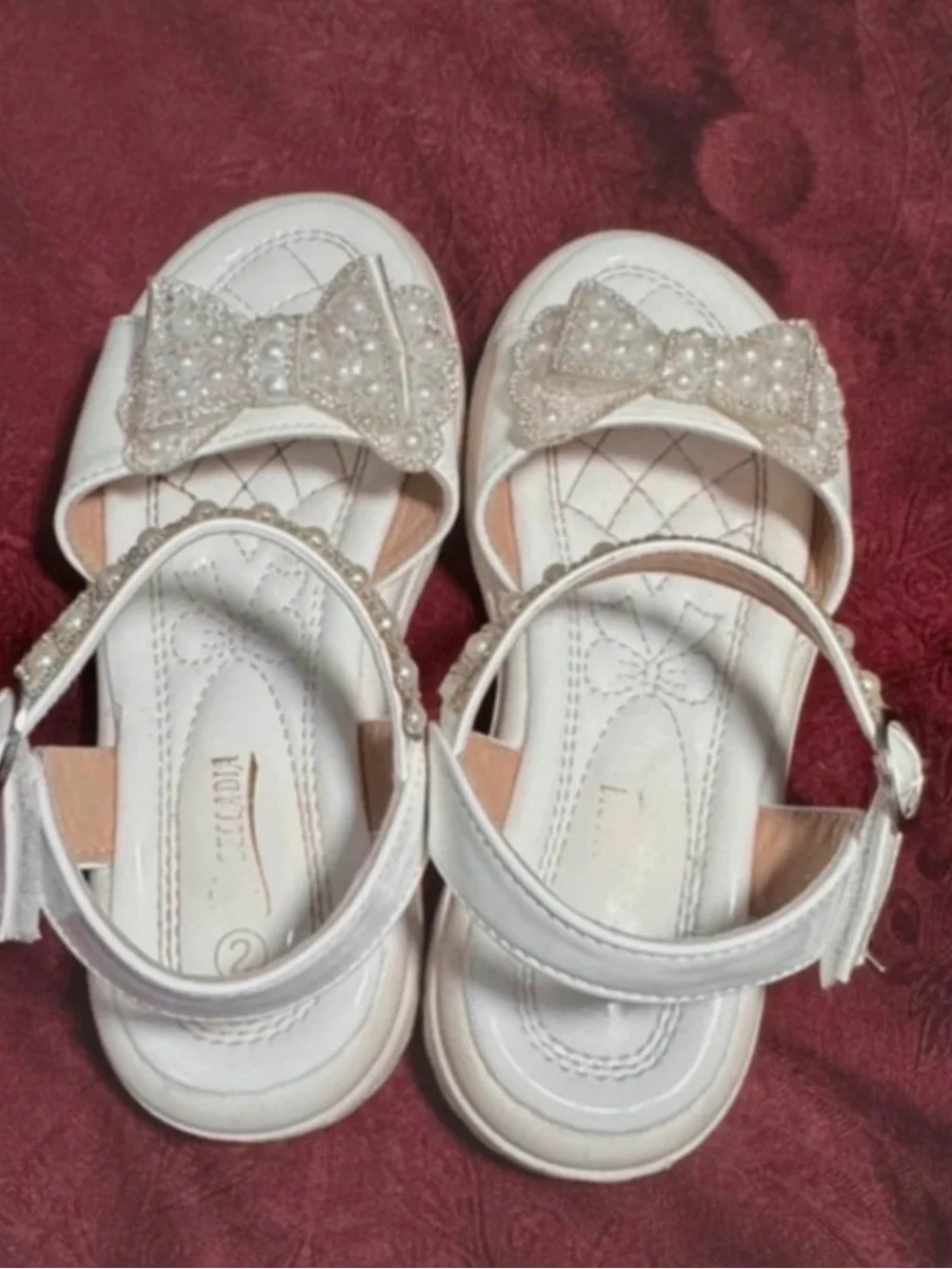 Girls White Pearl Bow Sandals Size 2 Princess Dressy Shoes 2